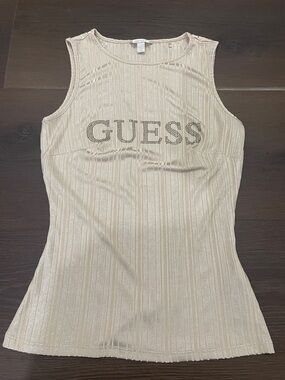 GUESS Cream Ribbed Sleeveless Tank with Rhinestone Logo
